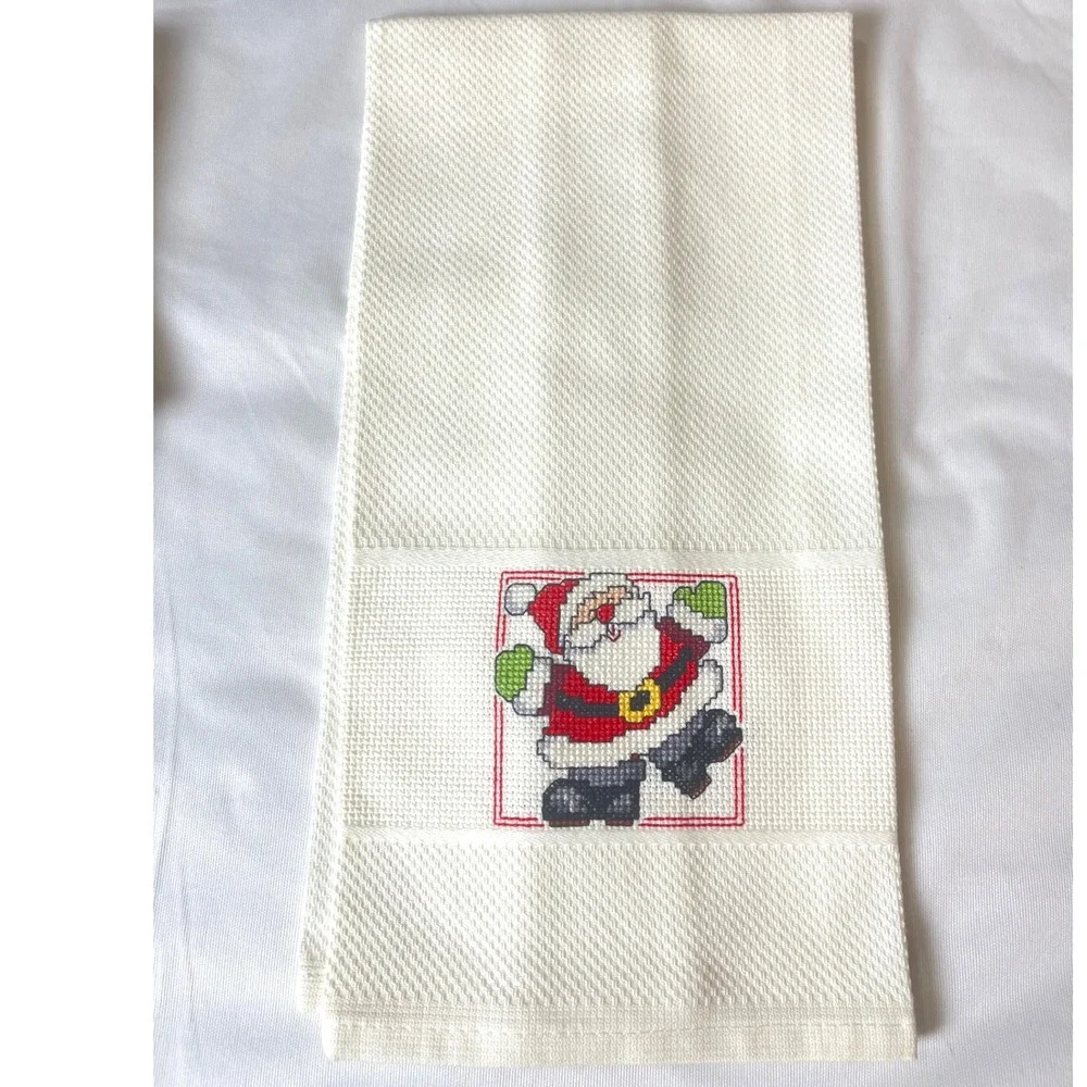 Vintage Handmade Christmas Cross Stitch Santa Reindeer Waffle Hand Towels Set 3